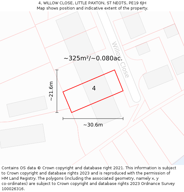 4, WILLOW CLOSE, LITTLE PAXTON, ST NEOTS, PE19 6JH: Plot and title map