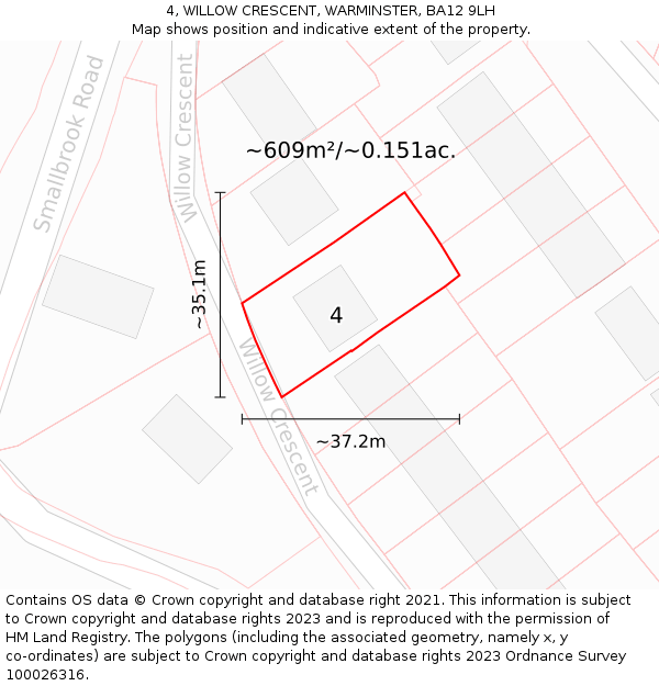 4, WILLOW CRESCENT, WARMINSTER, BA12 9LH: Plot and title map