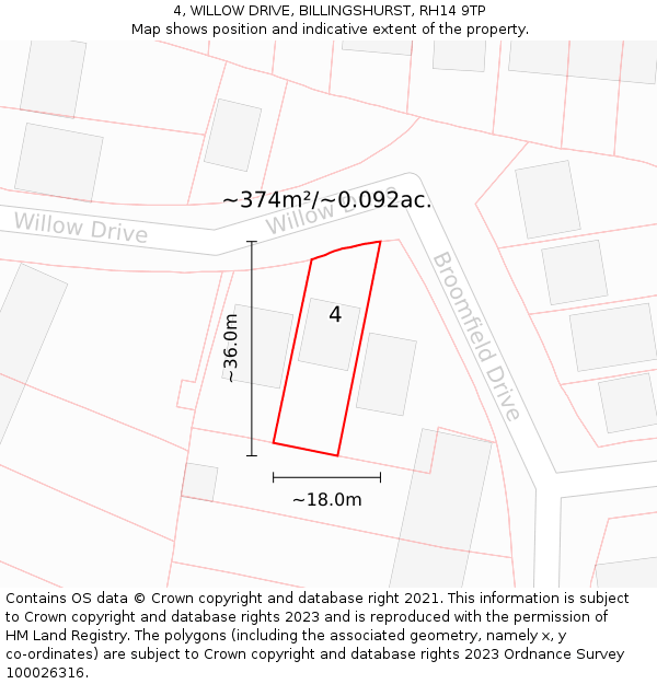 4, WILLOW DRIVE, BILLINGSHURST, RH14 9TP: Plot and title map