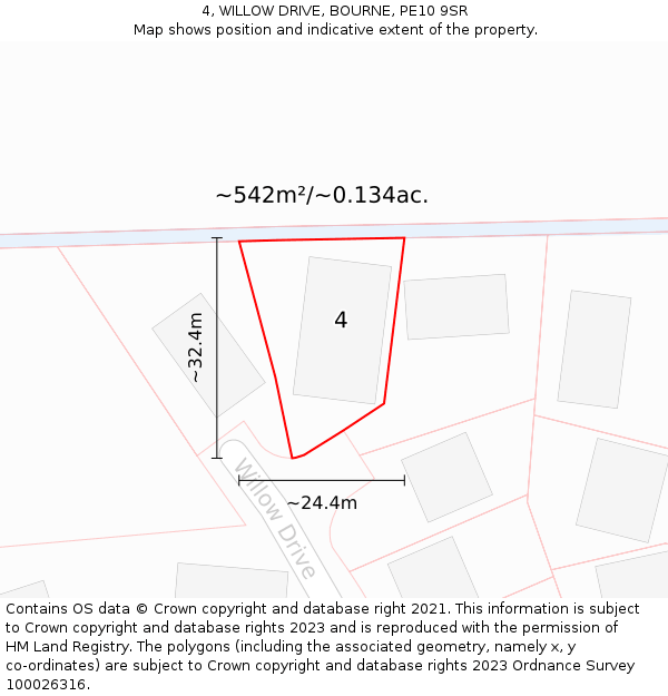 4, WILLOW DRIVE, BOURNE, PE10 9SR: Plot and title map