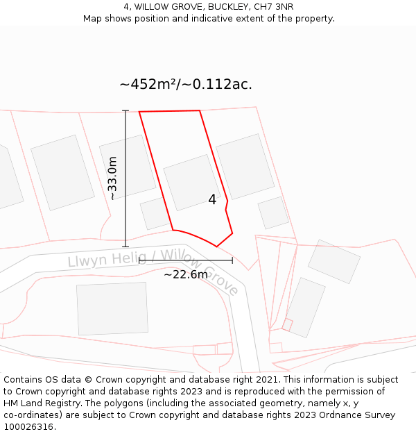 4, WILLOW GROVE, BUCKLEY, CH7 3NR: Plot and title map