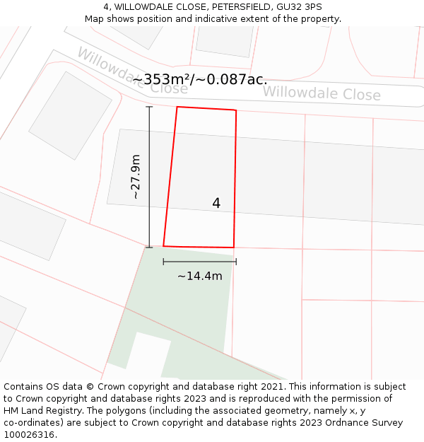 4, WILLOWDALE CLOSE, PETERSFIELD, GU32 3PS: Plot and title map