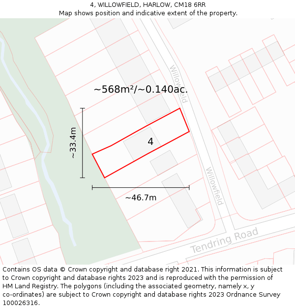 4, WILLOWFIELD, HARLOW, CM18 6RR: Plot and title map