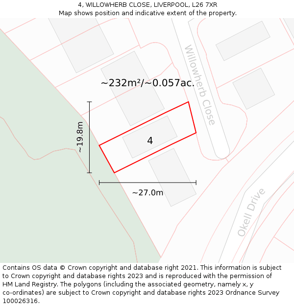 4, WILLOWHERB CLOSE, LIVERPOOL, L26 7XR: Plot and title map