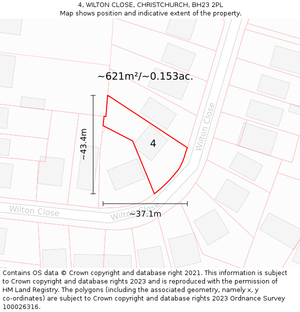 4, WILTON CLOSE, CHRISTCHURCH, BH23 2PL: Plot and title map