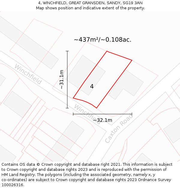 4, WINCHFIELD, GREAT GRANSDEN, SANDY, SG19 3AN: Plot and title map