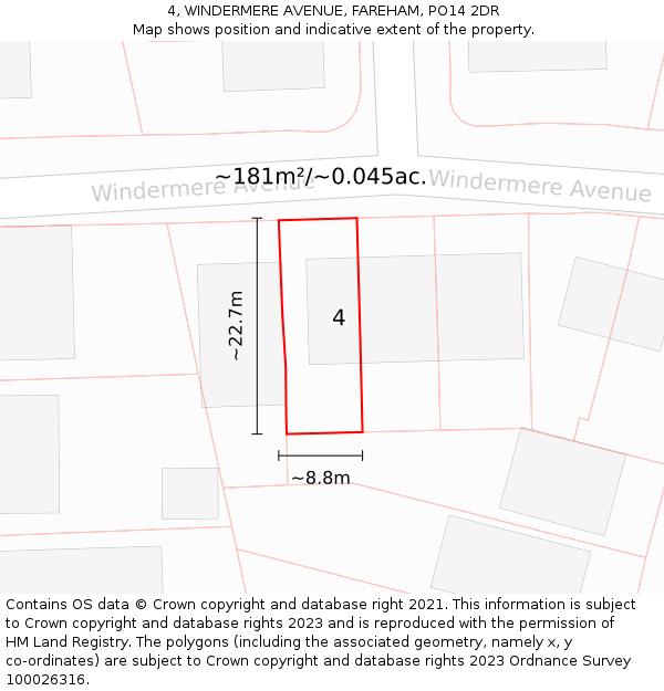 4, WINDERMERE AVENUE, FAREHAM, PO14 2DR: Plot and title map