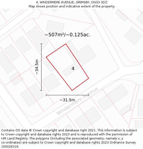4, WINDERMERE AVENUE, GRIMSBY, DN33 3DZ: Plot and title map