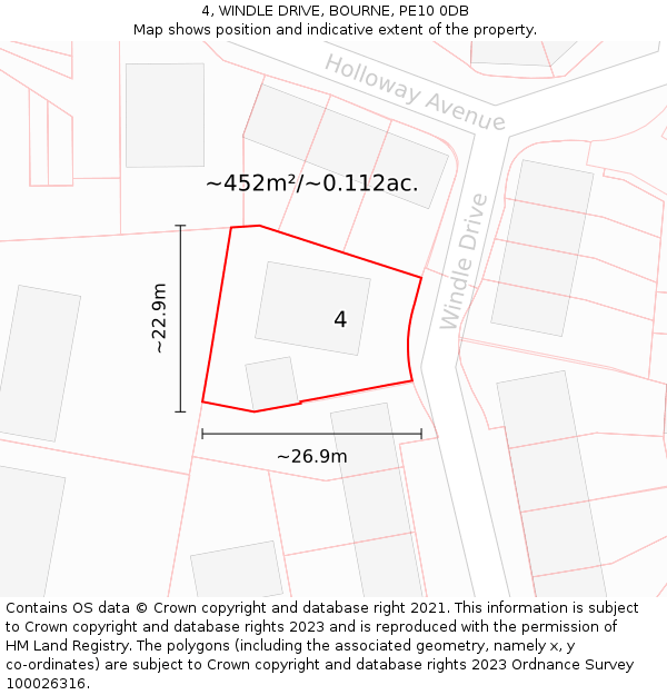 4, WINDLE DRIVE, BOURNE, PE10 0DB: Plot and title map