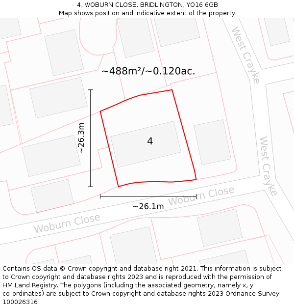 4, WOBURN CLOSE, BRIDLINGTON, YO16 6GB: Plot and title map