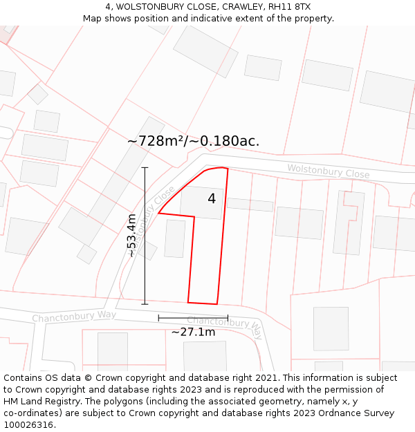 4, WOLSTONBURY CLOSE, CRAWLEY, RH11 8TX: Plot and title map