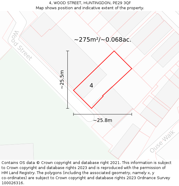 4, WOOD STREET, HUNTINGDON, PE29 3QF: Plot and title map