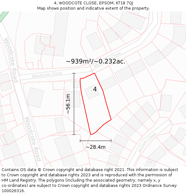 4, WOODCOTE CLOSE, EPSOM, KT18 7QJ: Plot and title map