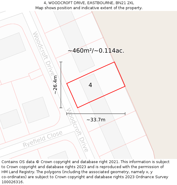 4, WOODCROFT DRIVE, EASTBOURNE, BN21 2XL: Plot and title map