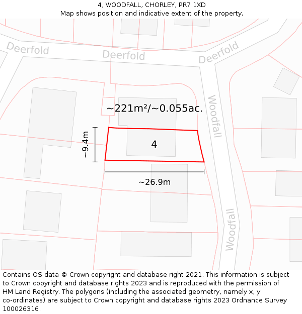 4, WOODFALL, CHORLEY, PR7 1XD: Plot and title map