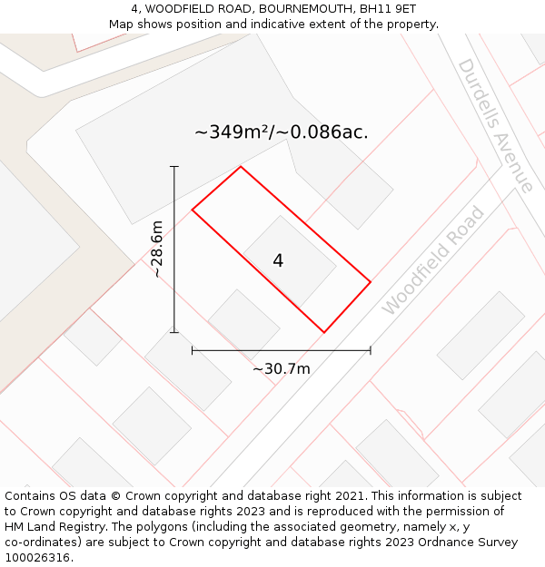 4, WOODFIELD ROAD, BOURNEMOUTH, BH11 9ET: Plot and title map