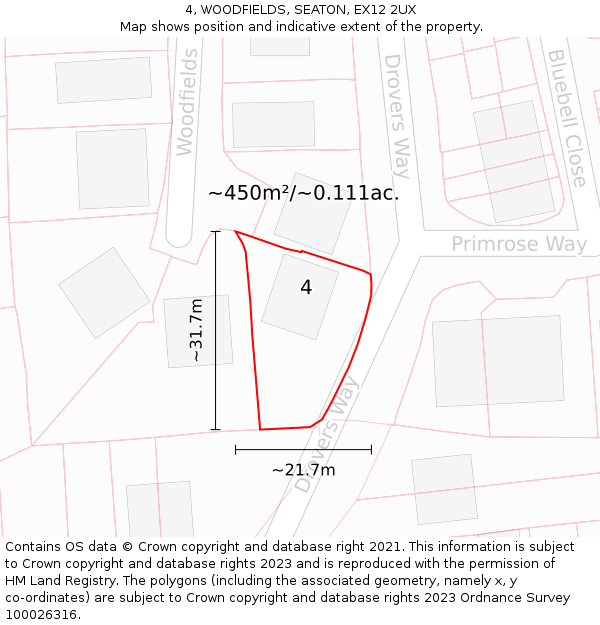 4, WOODFIELDS, SEATON, EX12 2UX: Plot and title map