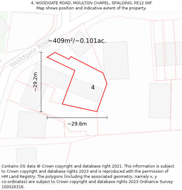 4, WOODGATE ROAD, MOULTON CHAPEL, SPALDING, PE12 0XF: Plot and title map