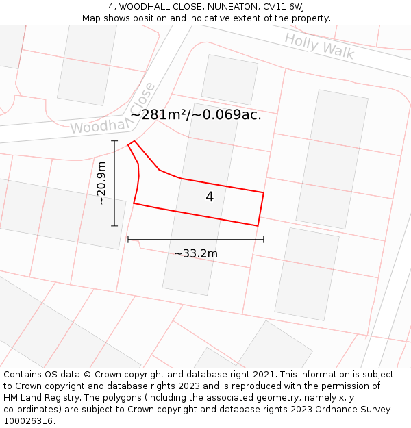 4, WOODHALL CLOSE, NUNEATON, CV11 6WJ: Plot and title map