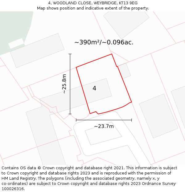 4, WOODLAND CLOSE, WEYBRIDGE, KT13 9EG: Plot and title map