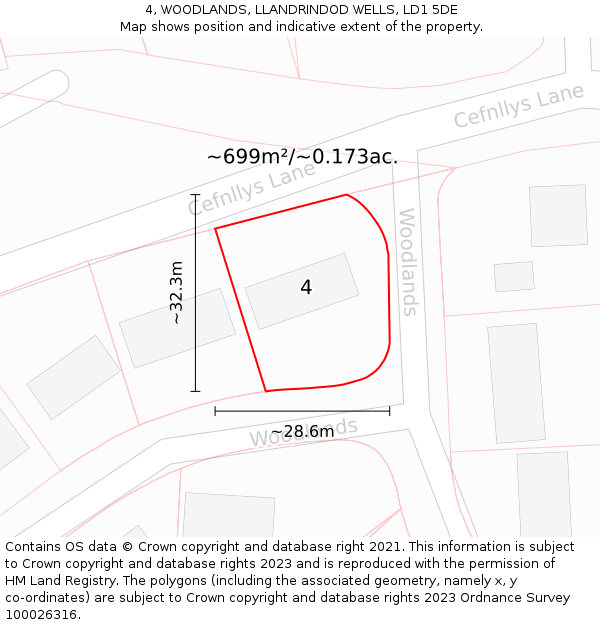 4, WOODLANDS, LLANDRINDOD WELLS, LD1 5DE: Plot and title map