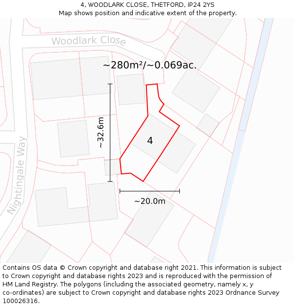 4, WOODLARK CLOSE, THETFORD, IP24 2YS: Plot and title map