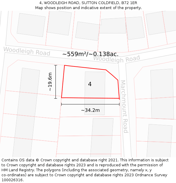 4, WOODLEIGH ROAD, SUTTON COLDFIELD, B72 1ER: Plot and title map