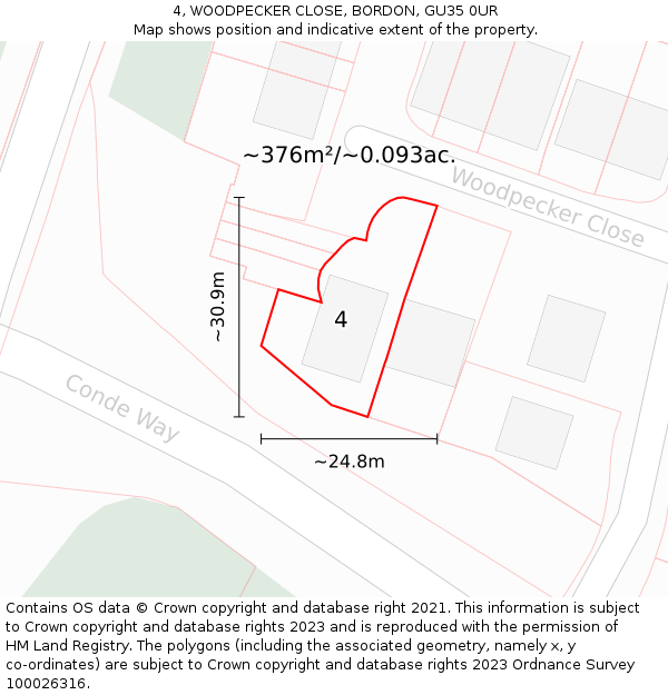 4, WOODPECKER CLOSE, BORDON, GU35 0UR: Plot and title map