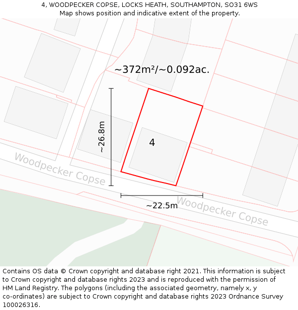 4, WOODPECKER COPSE, LOCKS HEATH, SOUTHAMPTON, SO31 6WS: Plot and title map