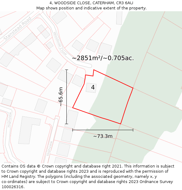 4, WOODSIDE CLOSE, CATERHAM, CR3 6AU: Plot and title map