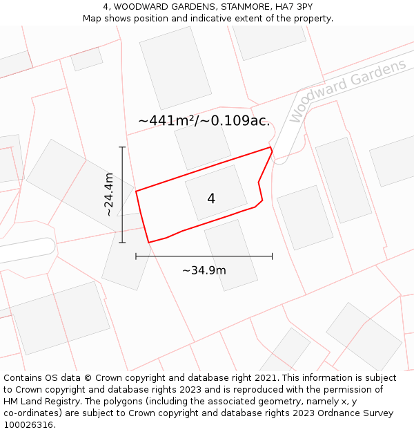 4, WOODWARD GARDENS, STANMORE, HA7 3PY: Plot and title map