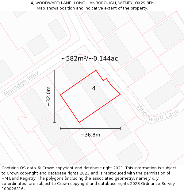 4, WOODWARD LANE, LONG HANBOROUGH, WITNEY, OX29 8FN: Plot and title map