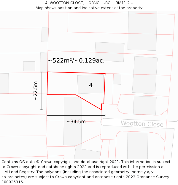 4, WOOTTON CLOSE, HORNCHURCH, RM11 2JU: Plot and title map