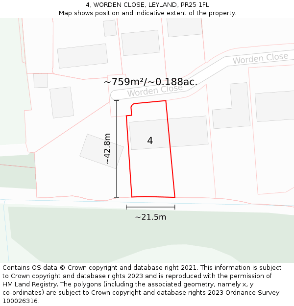 4, WORDEN CLOSE, LEYLAND, PR25 1FL: Plot and title map