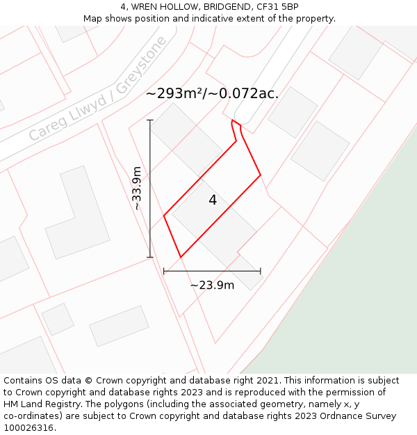 4, WREN HOLLOW, BRIDGEND, CF31 5BP: Plot and title map