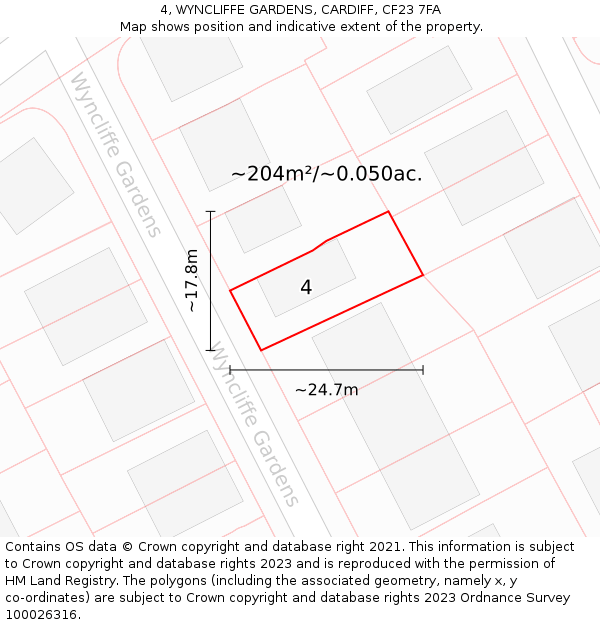 4, WYNCLIFFE GARDENS, CARDIFF, CF23 7FA: Plot and title map