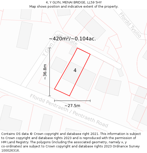 4, Y GLYN, MENAI BRIDGE, LL59 5HY: Plot and title map