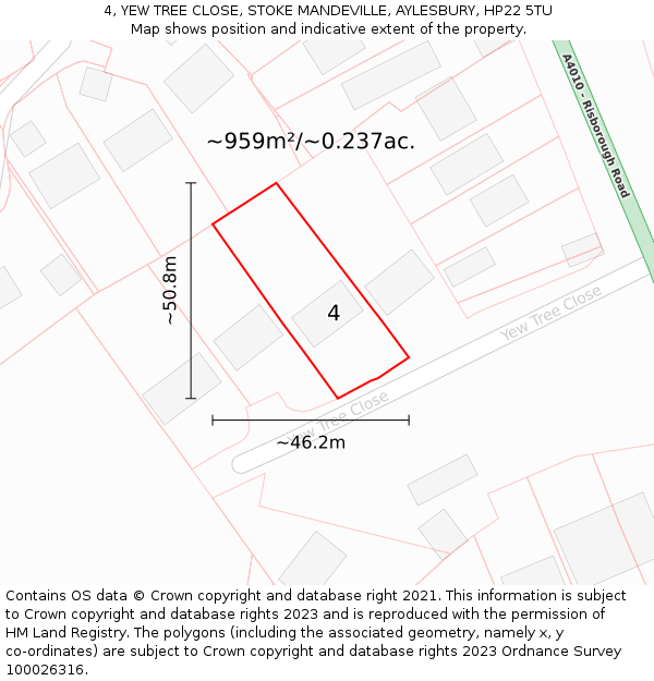 4, YEW TREE CLOSE, STOKE MANDEVILLE, AYLESBURY, HP22 5TU: Plot and title map