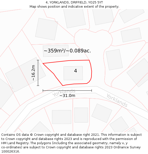 4, YORKLANDS, DRIFFIELD, YO25 5YT: Plot and title map