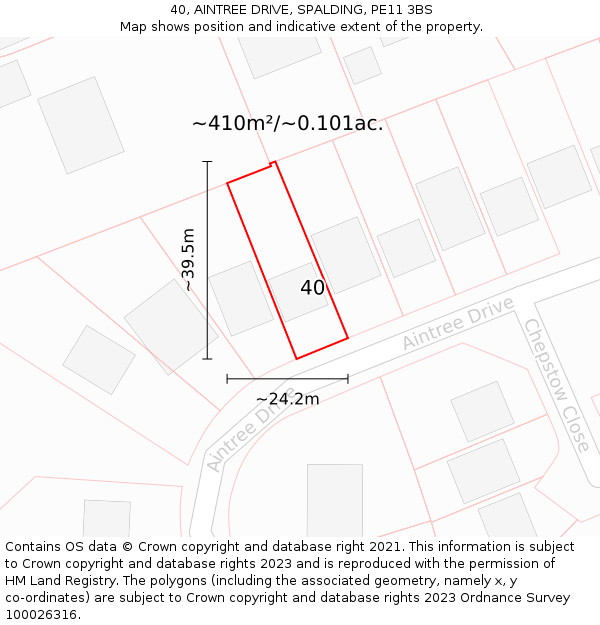 40, AINTREE DRIVE, SPALDING, PE11 3BS: Plot and title map