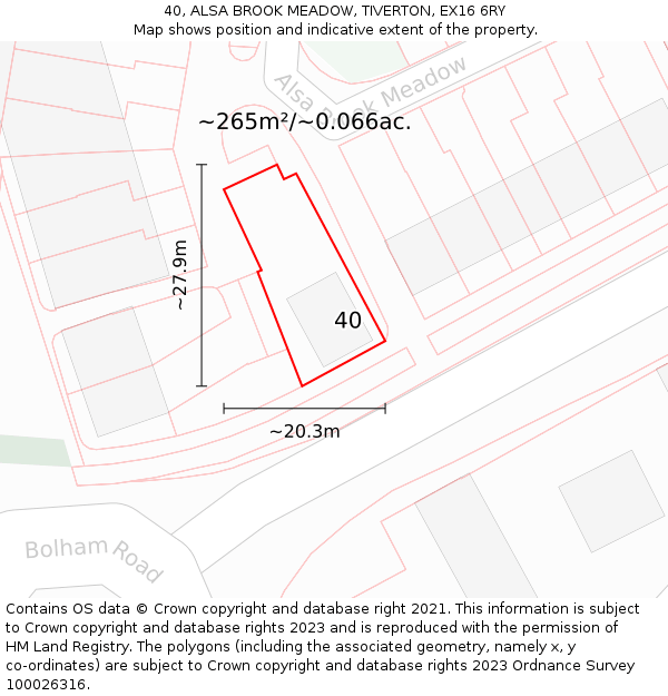 40, ALSA BROOK MEADOW, TIVERTON, EX16 6RY: Plot and title map