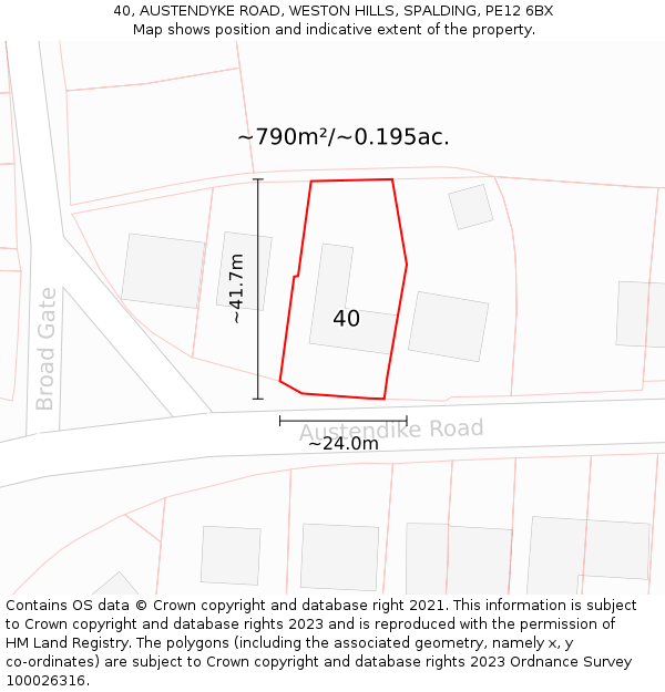 40, AUSTENDYKE ROAD, WESTON HILLS, SPALDING, PE12 6BX: Plot and title map