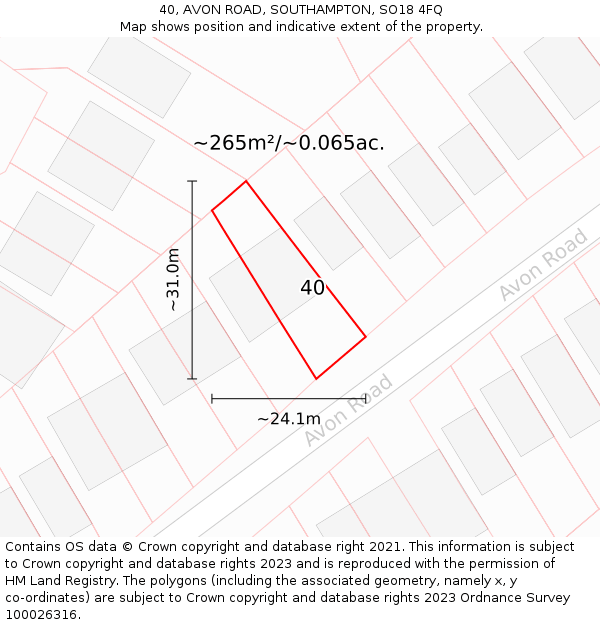 40, AVON ROAD, SOUTHAMPTON, SO18 4FQ: Plot and title map