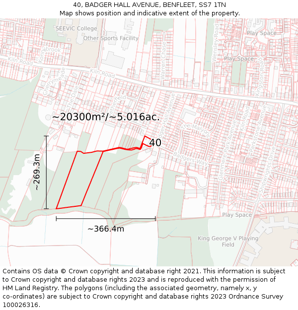 40, BADGER HALL AVENUE, BENFLEET, SS7 1TN: Plot and title map