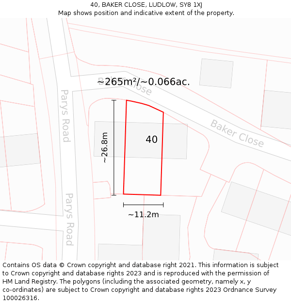 40, BAKER CLOSE, LUDLOW, SY8 1XJ: Plot and title map