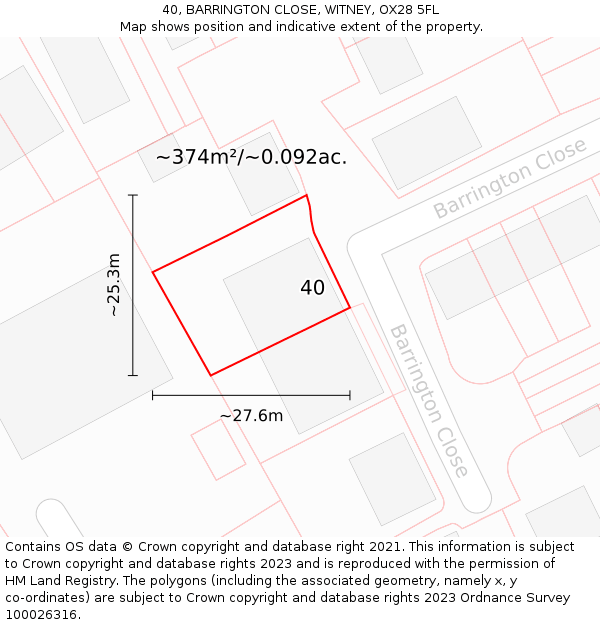 40, BARRINGTON CLOSE, WITNEY, OX28 5FL: Plot and title map