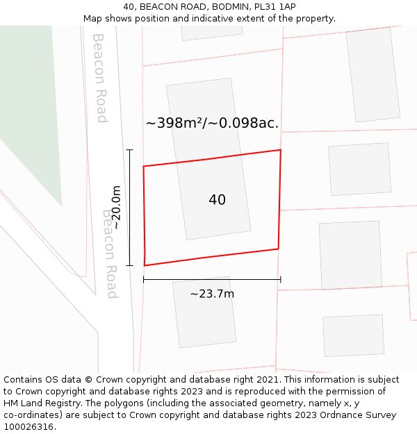 40, BEACON ROAD, BODMIN, PL31 1AP: Plot and title map