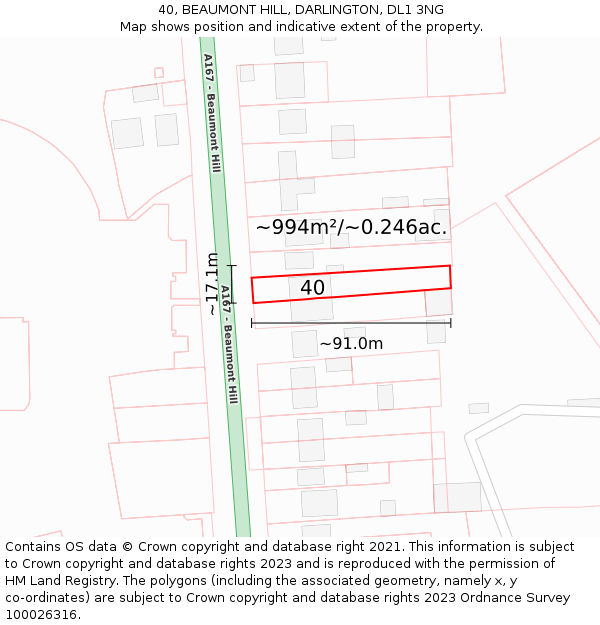 40, BEAUMONT HILL, DARLINGTON, DL1 3NG: Plot and title map