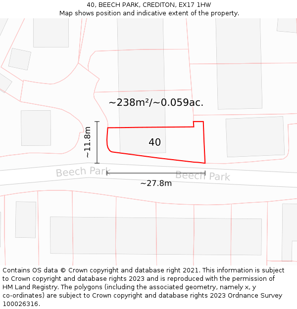 40, BEECH PARK, CREDITON, EX17 1HW: Plot and title map