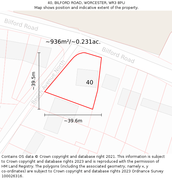 40, BILFORD ROAD, WORCESTER, WR3 8PU: Plot and title map